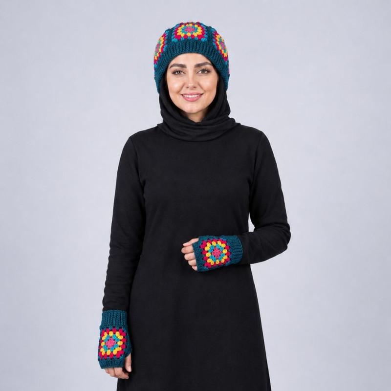 ست کلاه و دستکش دستبافت زنانه مدل موتیفی