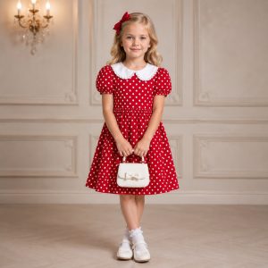 پیراهن دخترانه با یقه ب ب و آستین کوتاه مدل خالدار